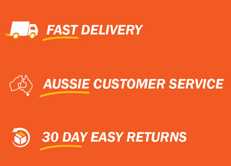 Orange promotional banner featuring fast delivery, Aussie customer service, and 30 day returns with illustrated icons.