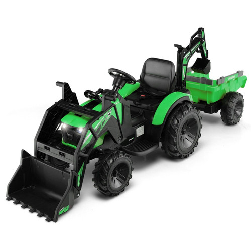 12v Green Kids Multi-Function Ride On Tractor, Digger & Trailer