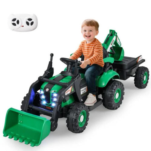 Kids 12v Green & Black 4 -1 Tools Ride On Tractor, Digger & Trailer Kids 12v Green & Black 4 -1 Tools Ride On Tractor, Digger & Trailer