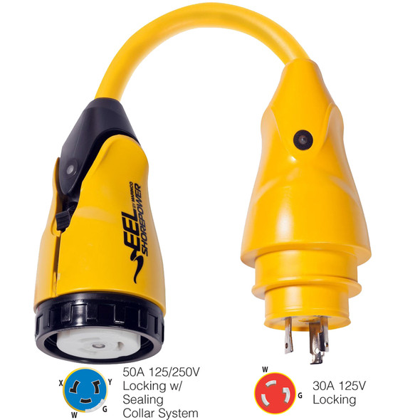 Marinco P30-504 EEL 50A-125/250V Female to 30A-125V Male Pigtail Adapter - Yellow P30-504
