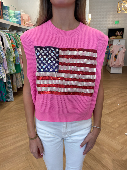 Neon Pink American Flag Sweater Tank