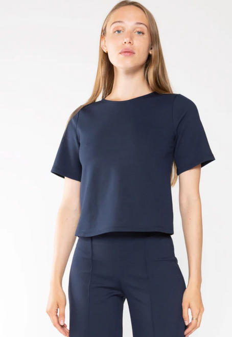 Navy Ponte Knit Short Sleeve Top Extended