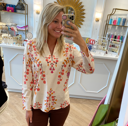 Liv Blouse Beige and Coral Santa Fe