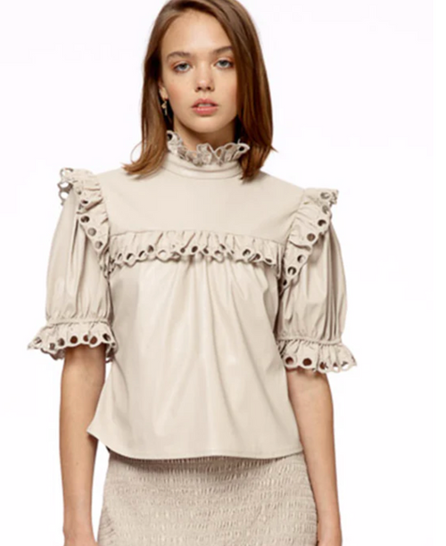 Faux Leather Eyelet Trimmed S/S Top