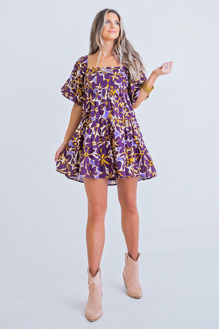 Purple Floral Smock Back Tier Dress