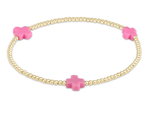 Signature cross gold pattern 2mm bead bracelet Bright Pink