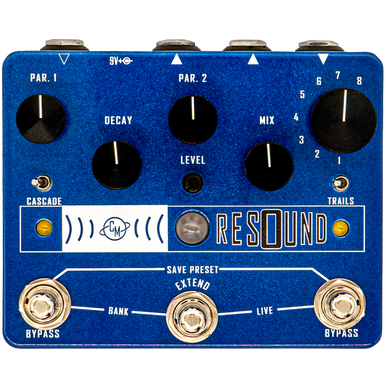 Cusack Resound face of pedal, three footswitches, extend switch, 8 programs, digital presets, blue reverb pedal