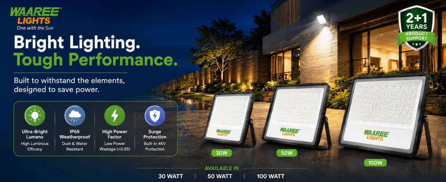 Waaree Neo 100W LED Flood Light | High Efficiency IP65 Outdoor Illumination