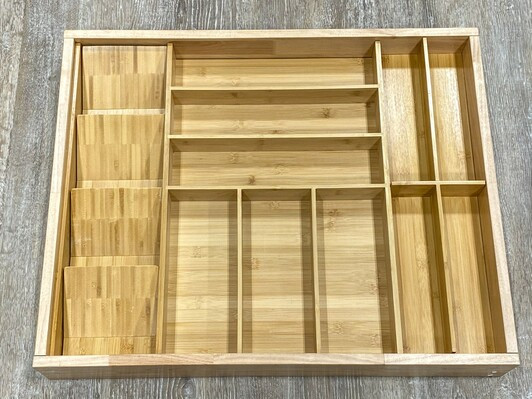 DOKIT-Caserta (Installed) - Caserta Drawer Organizer Kit (recommended for 30" wide drawer - trim to fit) - Wood Cutlery Tray Organizer (CTO30) with Spice Holder Insert (SHI6) and Divided Insert (DVI6) - 25-1/8" W x 19-5/8" D x 2-7/16" H - Bamboo | Kunal Kitchens
