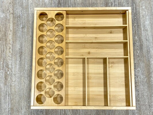 DOKIT-Calabria (Installed) - Calabria Drawer Organizer Kit (recommended for 24"-27" wide drawers - trim to fit) - Wood Cutlery Tray Organizer (CTO30) with K-Cup Insert (KCI6) - 25-1/8" W x 19-5/8" D x 2-7/16" H - Bamboo | Kunal Kitchens