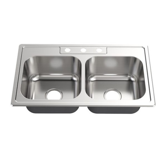 KST332288B-3 - 33 Drop-In Top Mount Stainless Steel 50/50 Double Bowl Kitchen Sink Overall: 33 X 22 X 8/8 Bowl Size: 14 X 16 Available In 3 Hole | Kunal Kitchens 