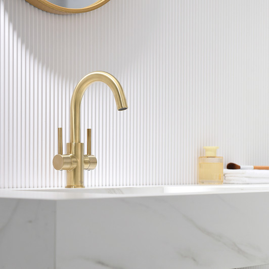 KSB1217SG - Two Handles Bathroom Sink Faucet with Pop Up Drain  KSB1217 - Satin Gold Finish | Kunal Kitchens