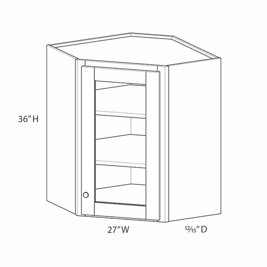 Bedford Ready to Assemble 27 in. W x 36 in. H x 15 in. D Plywood Glass Door Diagonal Corner Wall Cabinet w/ Finished Interior in Painted White | Kunal Kitchens