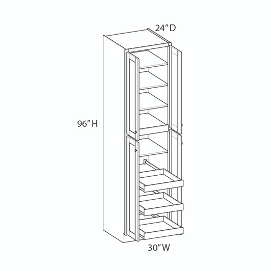 NORFOLK Ready to Assemble 30 in. W x 96 in. H x 24 in. D Plywood Tall Cabinet w/(3) Roll-out Trays in Painted White | Kunal Kitchens