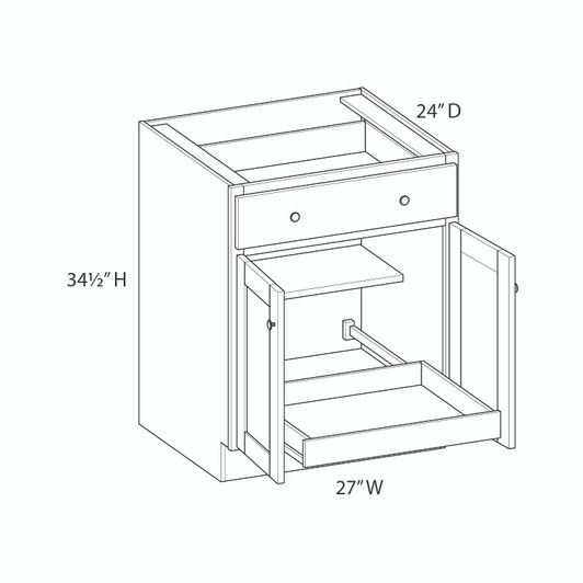 DAMASCUS Assembled 27 in. W x 34.5 in. H x 24 in. D Plywood Base Cabinet w/(1) Roll-out Tray in French Vanilla | Kunal Kitchens