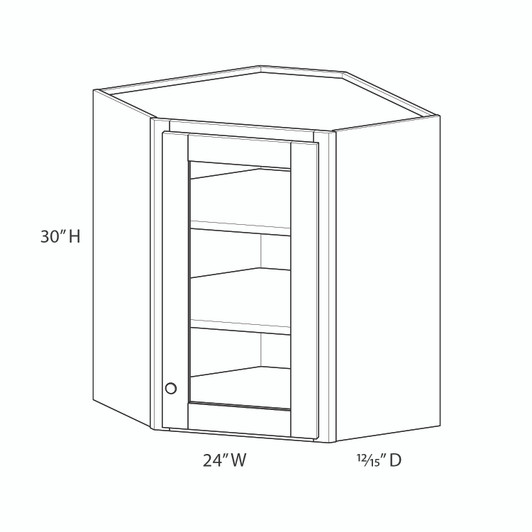 DAMASCUS Ready to Assemble 24 in. W x 30 in. H x 12 in. D Plywood Glass Door Diagonal Corner Wall Cabinet w/ Finished Interior in French Vanilla | Kunal Kitchens