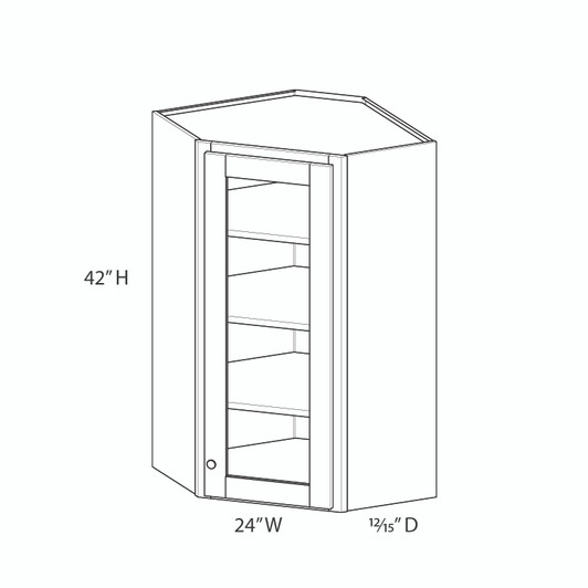 DAMASCUS Ready to Assemble 24 in. W x 42 in. H x 12 in. D Plywood Glass Door Diagonal Corner Wall Cabinet w/ Finished Interior in French Vanilla | Kunal Kitchens
