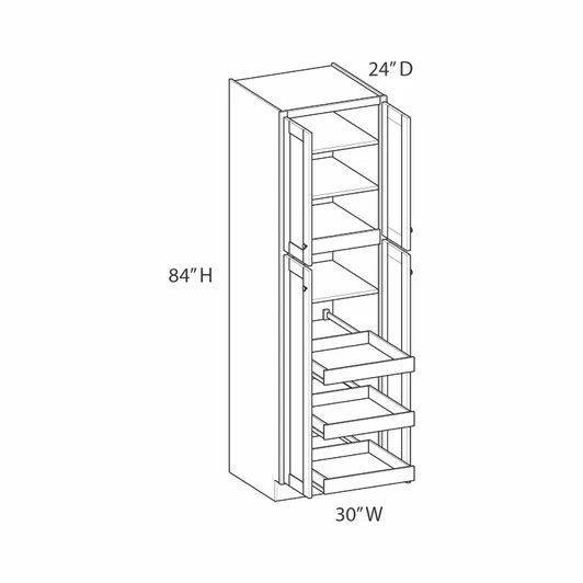 CHARLOTTE Ready to Assemble 30 in. W x 84 in. H x 24 in. D Plywood Tall Cabinet w/(3) Roll-out Trays in Bordeaux | Kunal Kitchens