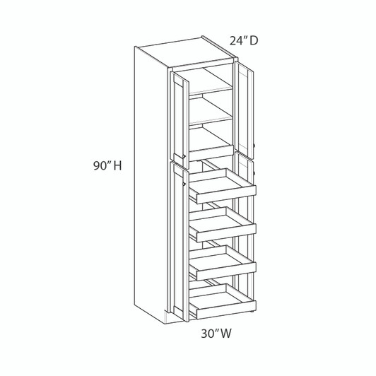 ROCKINGHAM Ready to Assemble 30 in. W x 90 in. H x 24 in. D Plywood Tall Cabinet w/(4) Roll-out Trays in Painted Stratus | Kunal Kitchens