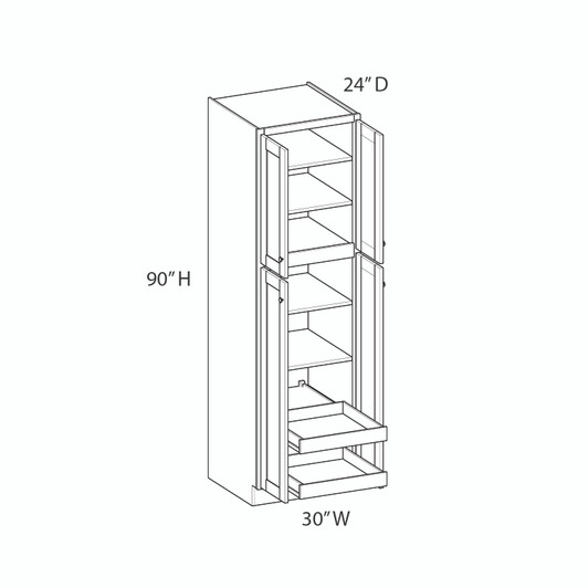 PEMBROKE Assembled 30 in. W x 90 in. H x 24 in. D Plywood Tall Cabinet w/(2) Roll-out Trays in Painted White | Kunal Kitchens