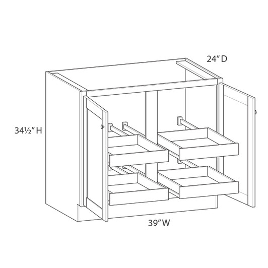 Westport Assembled 39 in. W x 34.5 in. H x 24 in. D Plywood Base Cabinet Full Height Door(s) w/(4) Roll-out Trays in Painted White | Kunal Kitchens Westport Assembled 39 in. W x 34.5 in. H x 24 in. D Plywood Base Cabinet Full Height Door(s) w/(4) Roll-out Trays in Painted White | Kunal Kitchens