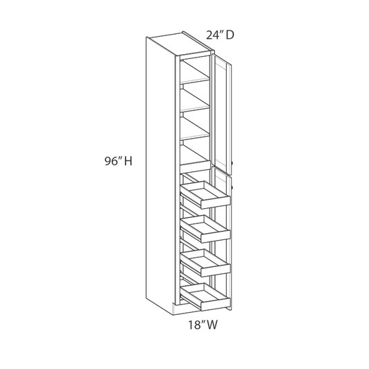 AMHERST Assembled 18 in. W x 96 in. H x 24 in. D Plywood Tall Cabinet w/(4) Roll-out Trays in Walnut | Kunal Kitchens AMHERST Assembled 18 in. W x 96 in. H x 24 in. D Plywood Tall Cabinet w/(4) Roll-out Trays in Walnut | Kunal Kitchens