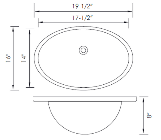 DAX-BSN-200-W - Ceramic Oval Single Bowl Undermount Bathroom Sink, White Finish, 19-1/2 x 16 x 8 Inches