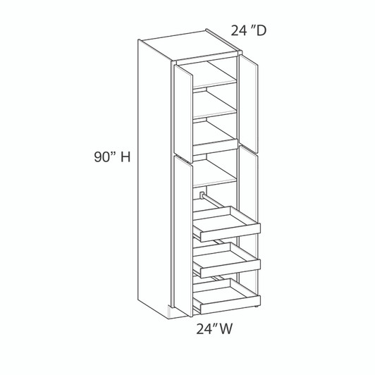  Ithaca Utility Cabinet w/(3) Roll-out Tray Installed {24" x 90" H - Butt Doors} - (4) Doors | Kunal Kitchens 