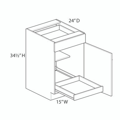 15" Base Cabinet w/(1) Roll-out Tray Installed - (1) Door / (1) Drawer | Kunal Kitchens