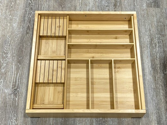 DOKIT-Campania (Installed) - Campania Drawer Organizer Kit (recommended for 24"-27" wide drawers - trim to fit) - Wood Cutlery Tray Organizer (CTO30) with Small Knife Block Insert (SKI6) - 25-1/8" W x 19-5/8" D x 2-7/16" H - Bamboo