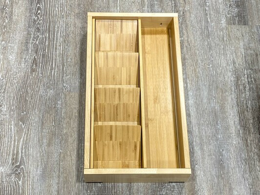 DOKIT-Genoa (Installed) - Genoa Drawer Organizer Kit (recommended for 12"-15" wide drawers - trim to fit) - Wood Component Tray Organizer (CTO10) with Spice Holder Insert (SHI6) - 10" W x 19-5/8" D x 2-7/16" H - Bamboo