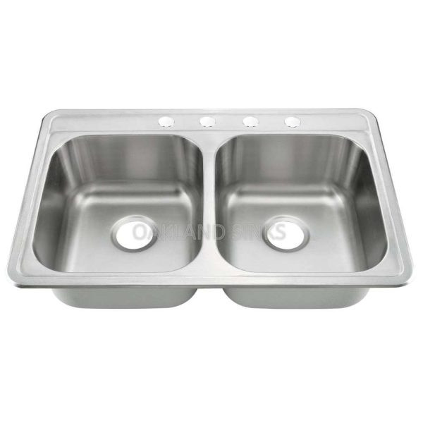 KST331977B-4 - 33X19 Drop-In Top Mount Stainless Steel 50/50 Double Bowl Kitchen Sink Overall: 33X19 X7/7 Bowl Size: 14 X 13 4 Hole