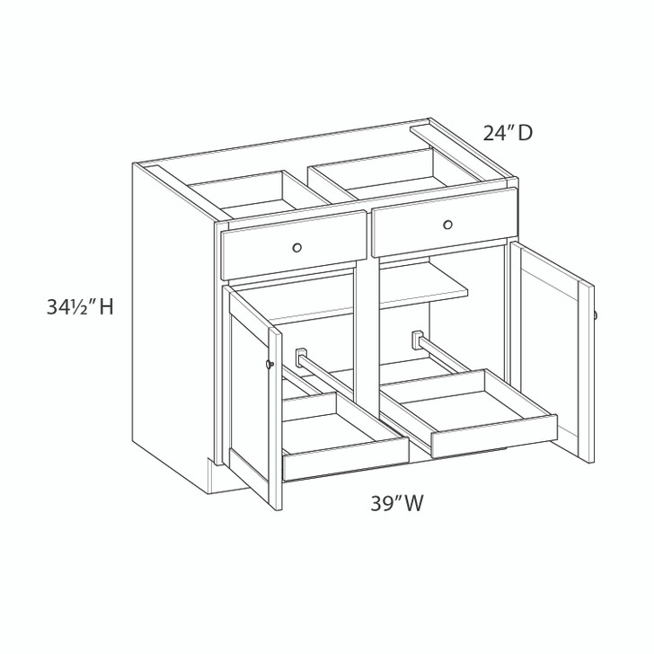 NORFOLK Assembled 39 in. W x 34.5 in. H x 24 in. D Plywood Base Cabinet w/(2) Roll-out Trays in Painted White