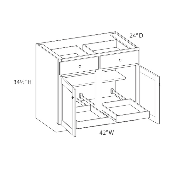 Aberdeen Assembled 42 in. W x 34.5 in. H x 24 in. D Plywood Base Cabinet w/(2) Roll-out Trays in Caramel