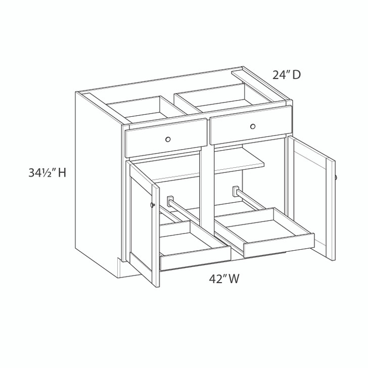 AMHERST Assembled 42 in. W x 34.5 in. H x 24 in. D Plywood Base Cabinet w/(2) Roll-out Trays in Walnut