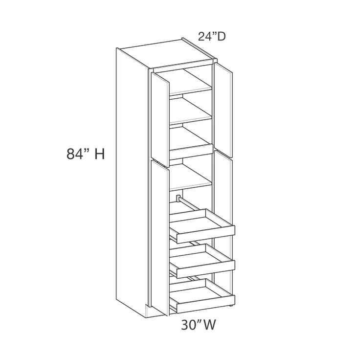 Euro Max Ithaca Utility Cabinet w/(4) Roll-out Tray Installed {30" x 84" H - Butt Doors} - (4) Doors