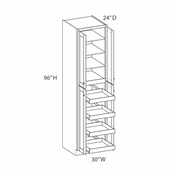 Euro Max Saratoga UC30X96B (RT4) Utility Cabinet w/(4) Roll-out Tray Installed {30" x 96" H - Butt Doors} - (4) Doors