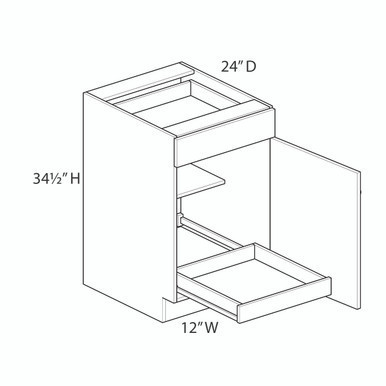 Euro Max Gramercy Shaker 12" Base Cabinet w/(1) Roll-out Tray Installed - (1) Door / (1) Drawer