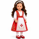 Kennedy and Friends™ Maltese Heritage Dress Set for 18 Inch Dolls – Traditional Folk Costume with Embroidered Apron, Lace Details, Tights & Red Mary Jane Shoes