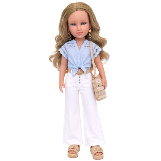Nika Jurić™, a 32 cm Evia's World™ doll from Croatia's Dalmatian Coast, wearing a bright blue collared shirt and khaki pants. Inspired by the beauty of the Adriatic Sea, she embodies the adventurous spirit and coastal charm of Croatia.