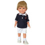 Caden, an 18-inch all-vinyl Kennedy and Friends boy doll with blonde hair, wearing a navy nautical polo with an embroidered anchor, white shorts and sneakers.