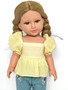Saylor 18 inch fashion doll with green eyes and blonde braids, wearing yellow gingham puff sleeve top, embroidered denim jeans, and white sandals; Kennedy and Friends collector-quality Southern girl doll made in USA and EU