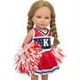 **Image Alt Text**

Celestine Camilleri, a blonde 18-inch Kennedy and Friends doll, wearing a red, white and navy cheerleader outfit with matching pom-poms and sneakers.