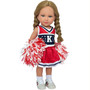 **Image Alt Text**

Celestine Camilleri, a blonde 18-inch Kennedy and Friends doll, wearing a red, white and navy cheerleader outfit with matching pom-poms and sneakers.