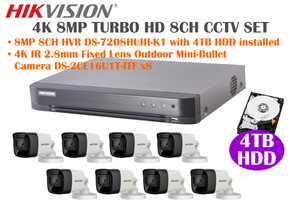 Hikvision 4K 8MP Turbo HD Analog CCTV System: 8MP 8CH DVR + 4TB HDD + 4K Mini-Bullet Cameras x8 Hikvision 4K 8MP Turbo HD Analog CCTV System: 8MP 8CH DVR + 4TB HDD + 4K Mini-Bullet Cameras x8