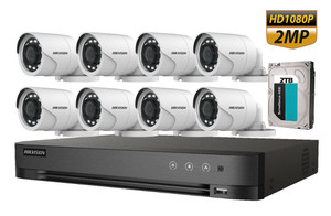 CCTV Kit 8CH 2MP HD Analog Security Camera Kit includes iDS-7208HQHI-M1/S 8CH 5MP DVR with 2TB HDD and 8x DS-2CE16D0T-IRPF 2MP Bullet Outdoor Cameras