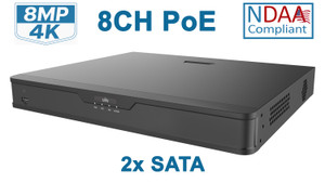 Uniview 8-Channel 4K PoE NVR - Network Video Recorder, 2xSATA, NDAA Compliant - NVR302-08S2-P8