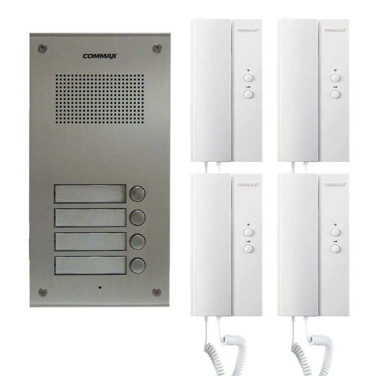 COMMAX 4-Apartment Audio Intercom Set: 1x DR-4UM, 4x DP-ML, 1x 12V Power Supply
