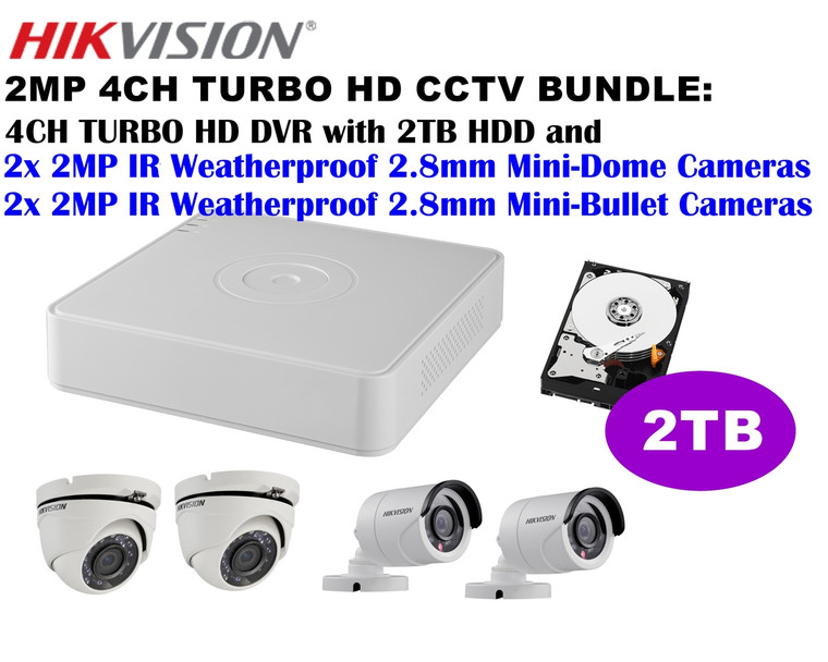 Hikvision 2MP TURBO HD 4CH CCTV BUNDLE: 4CH DVR w/2TB + 4x 2MP 2.8mm IR Cameras Hikvision 2MP TURBO HD 4CH CCTV BUNDLE: 4CH DVR w/2TB + 4x 2MP 2.8mm IR Cameras
