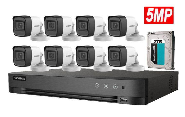 CCTV Kit 8CH 5MP HD Analog Security Camera Kit includes iDS-7208HUHI-M1/S 8CH 4K DVR with 2TB HDD and 4x DS-2CE16H0T-ITFS HD Analog Bullet Camera with Built-in Mic